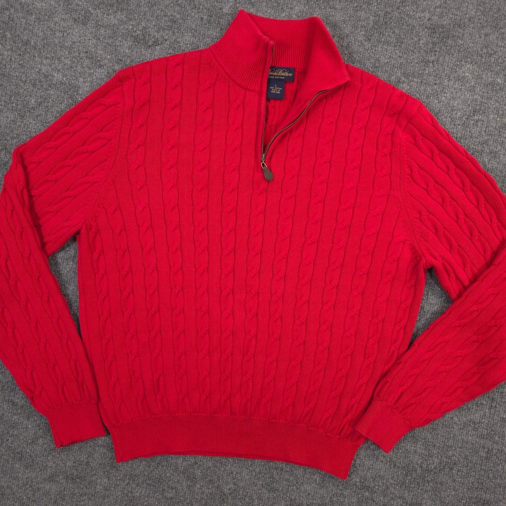 Brooks Brothers 1/4 Zip Sweater Mens L Red Cable Knit Pima Cotton Preppy Casual